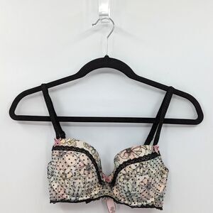 Victoria's Secret Bra 32D Black Floral Mesh Lined Demi